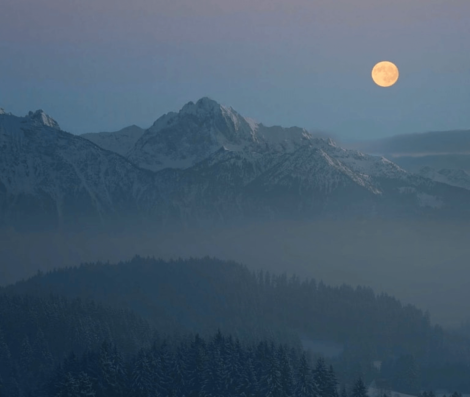 A misty forest with mountains in Appalachia at night with clear skies and a full moon